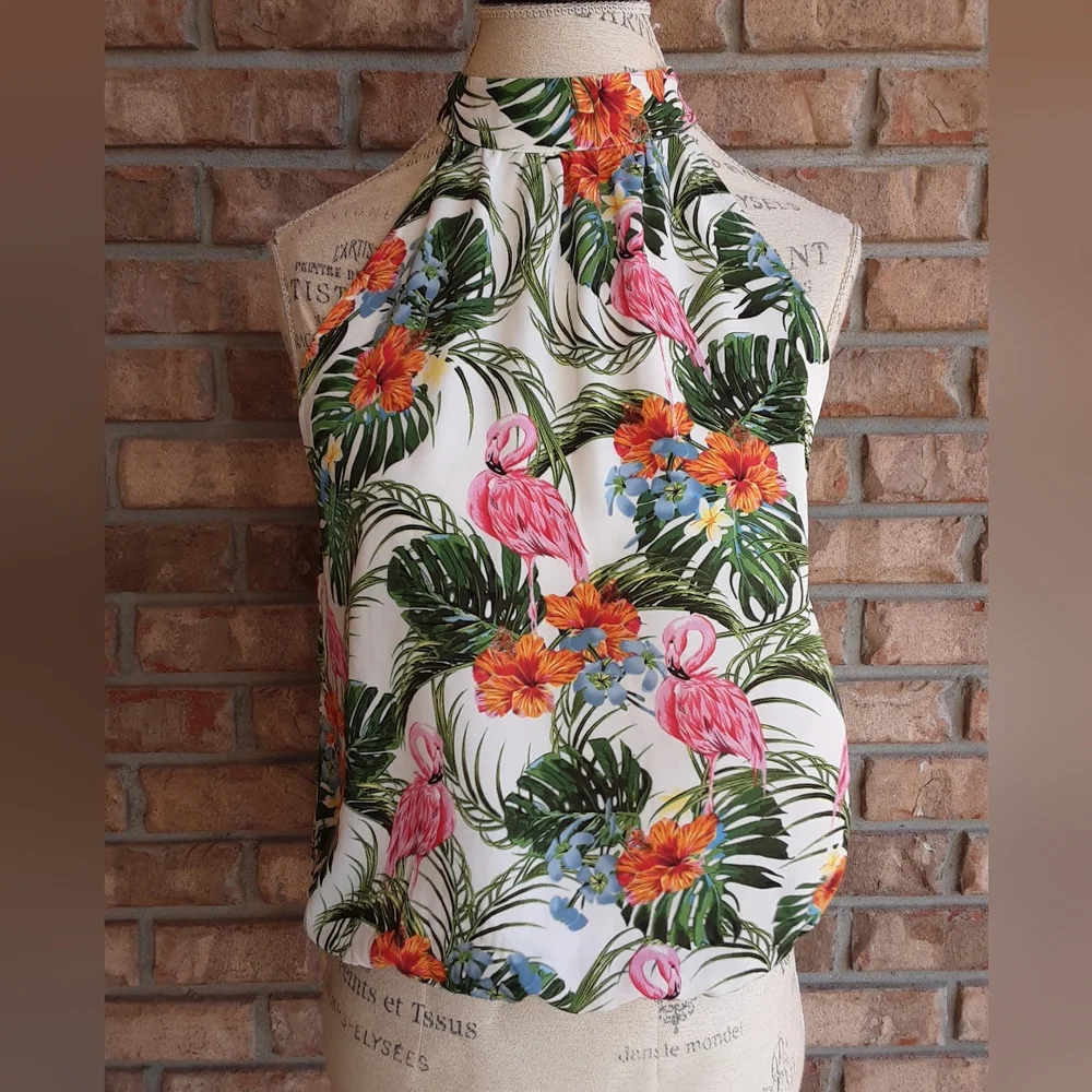 Rachel Zoe Floral Tropical Print Halter Style Top.